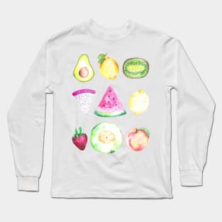 Watercolor Fruits Pattern on Black Long Sleeve T-Shirt